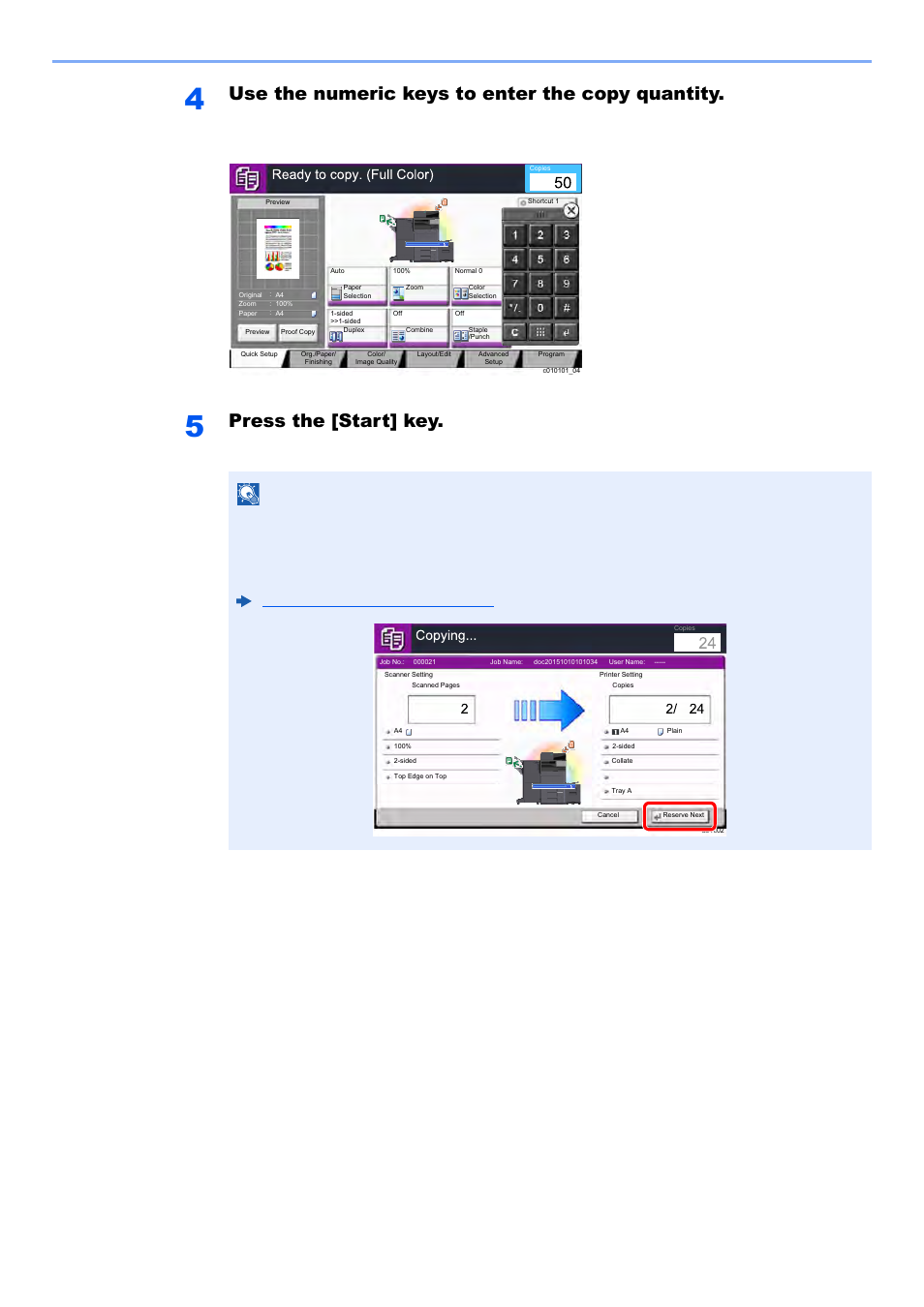 Use the numeric keys to enter the copy quantity, Press the [start] key, Operation on the machine > copying | Kyocera TASKalfa 2552ci User Manual | Page 228 / 682