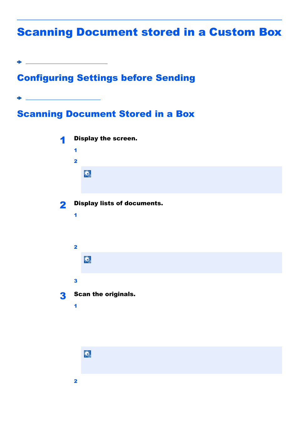 Scanning document stored in a custom box, Configuring settings before sending, Scanning document stored in a box | Scanning document stored in a custom box -31 | Kyocera TASKalfa 2552ci User Manual | Page 239 / 682