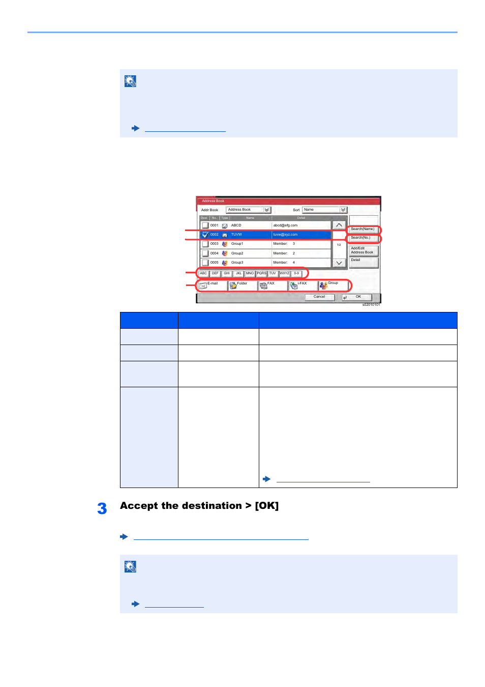 Destination search, Accept the destination > [ok, Destinations can be changed later | Kyocera TASKalfa 2552ci User Manual | Page 251 / 682