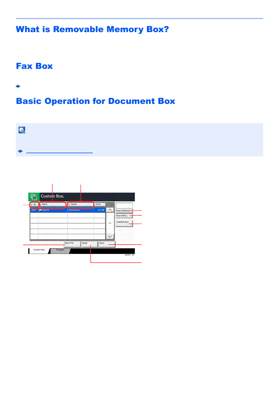 What is removable memory box, Fax box, Basic operation for document box | Box list | Kyocera TASKalfa 2552ci User Manual | Page 258 / 682