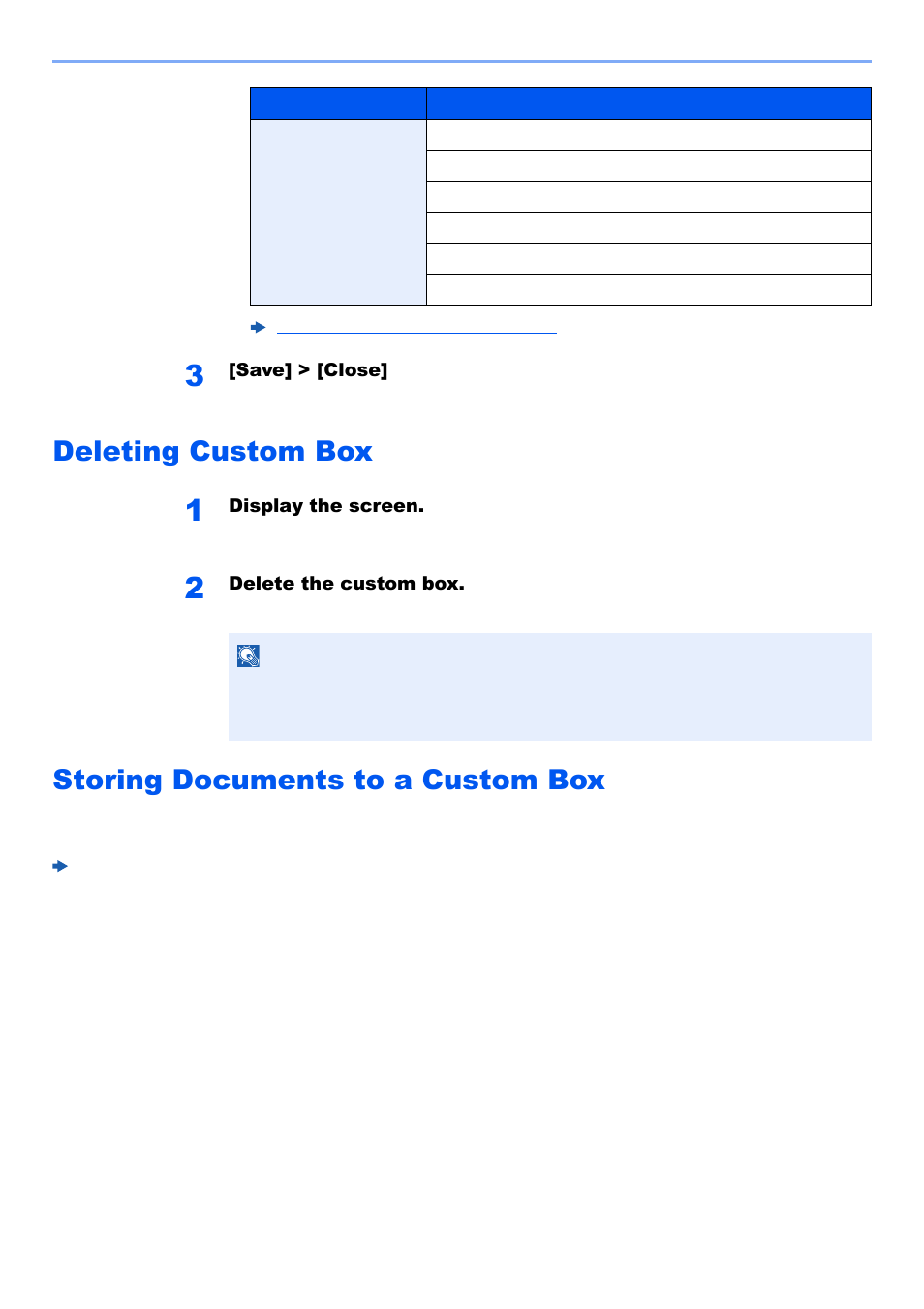 Deleting custom box, Storing documents to a custom box | Kyocera TASKalfa 2552ci User Manual | Page 264 / 682