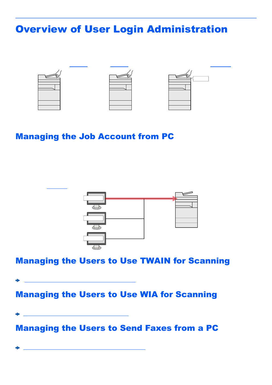 Overview of user login administration, Managing the job account from pc, Managing the users to use twain for scanning | Managing the users to use wia for scanning, Managing the users to send faxes from a pc, Overview of user login administration -2 | Kyocera TASKalfa 2552ci User Manual | Page 457 / 682