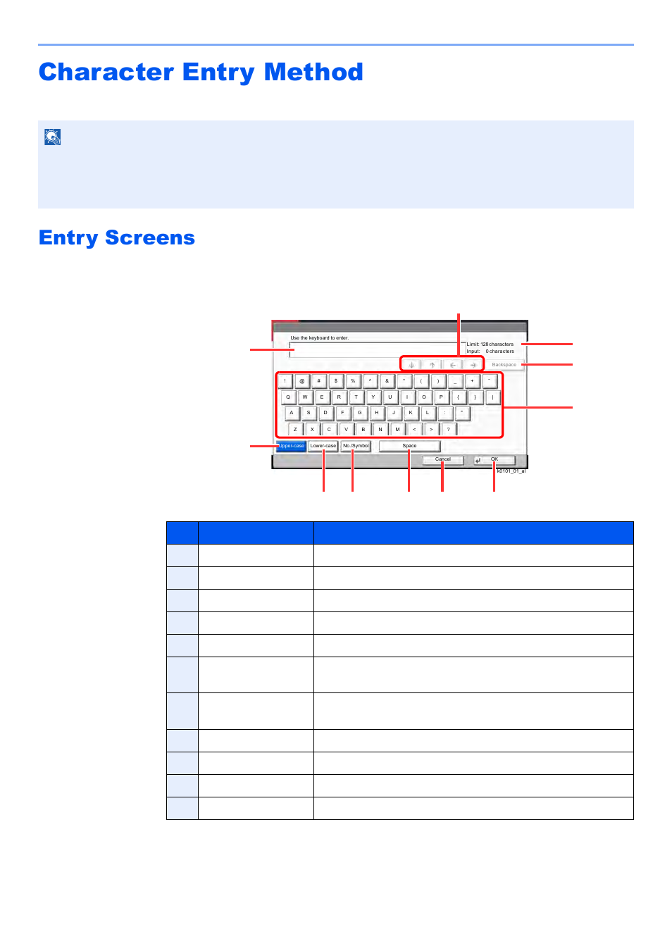 Character entry method, Entry screens, Character entry method -10 | Entry screens -10, Lower-case letter entry screen | Kyocera TASKalfa 2552ci User Manual | Page 641 / 682