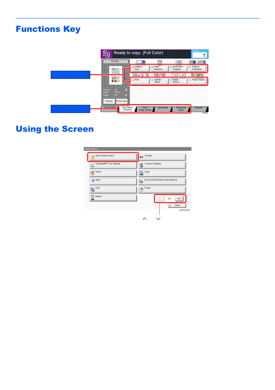 Functions key, Using the screen, Functions key -19 using the screen -19 | Kyocera TASKalfa 2552ci User Manual | Page 86 / 682