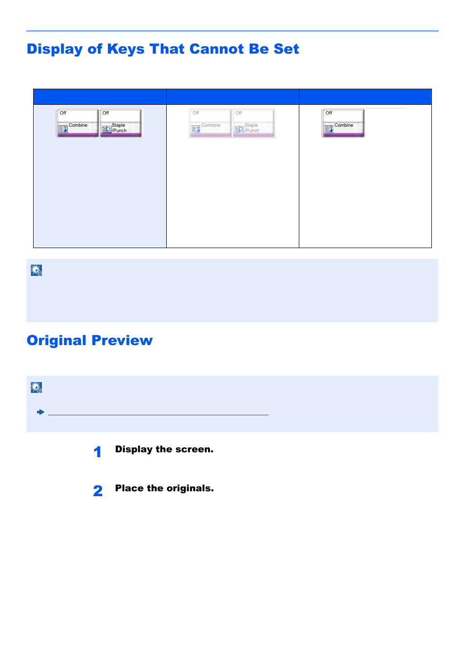 Display of keys that cannot be set, Original preview, Display the screen | Place the originals | Kyocera TASKalfa 2552ci User Manual | Page 87 / 682