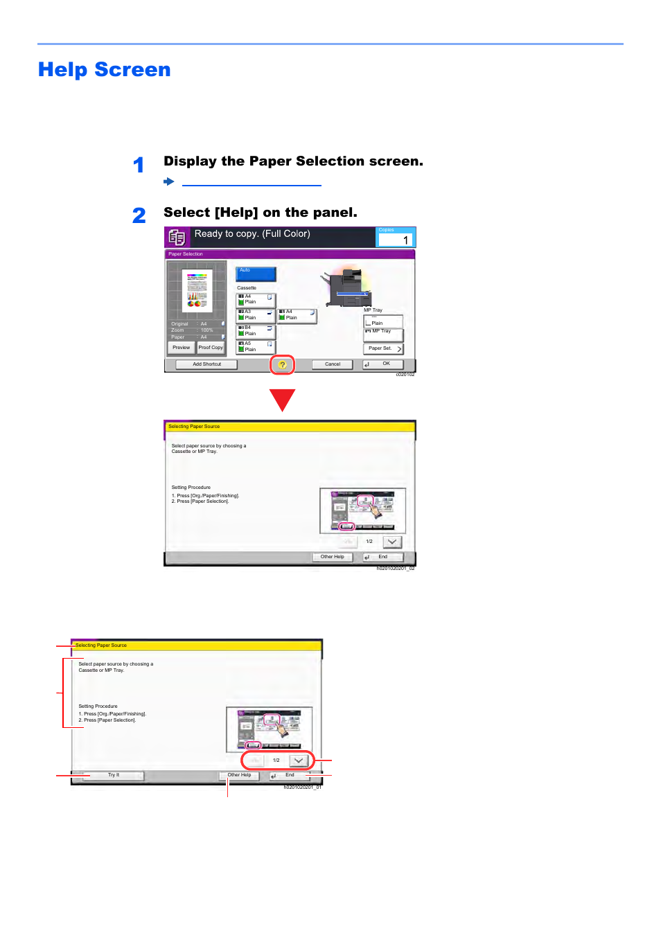 Help screen, Help screen -25, Display the paper selection screen | Kyocera TASKalfa 2552ci User Manual | Page 92 / 682