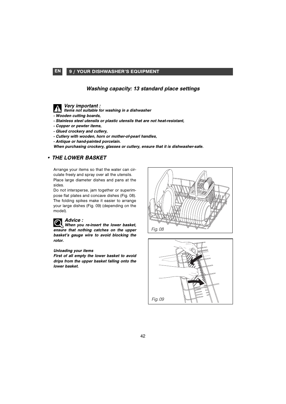 The lower basket, Washing capacity: 13 standard place settings | DE DIETRICH DVH930 User Manual | Page 13 / 31