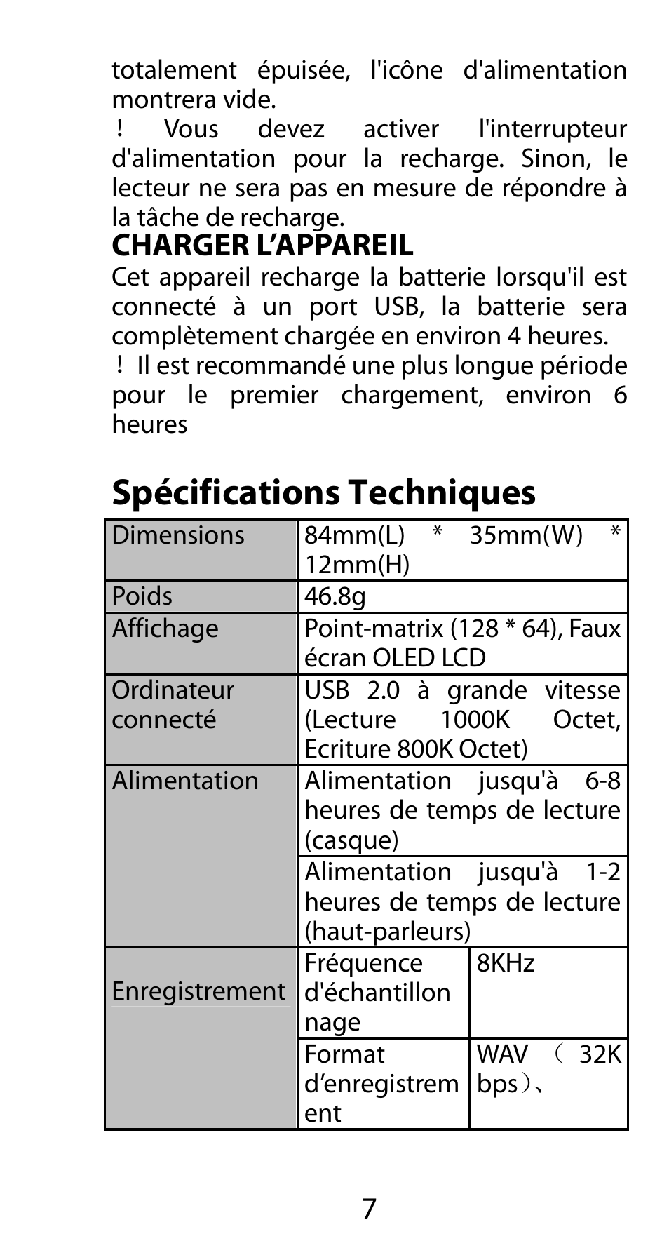 Charger l’appareil, Spécifications techniques | Mpman FIESTA² WOM User Manual | Page 27 / 59