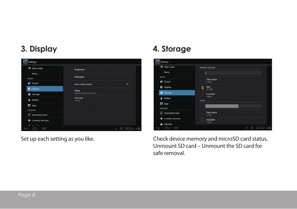 Display, Storage | Mpman MPDC88 BT IPS User Manual | Page 9 / 24