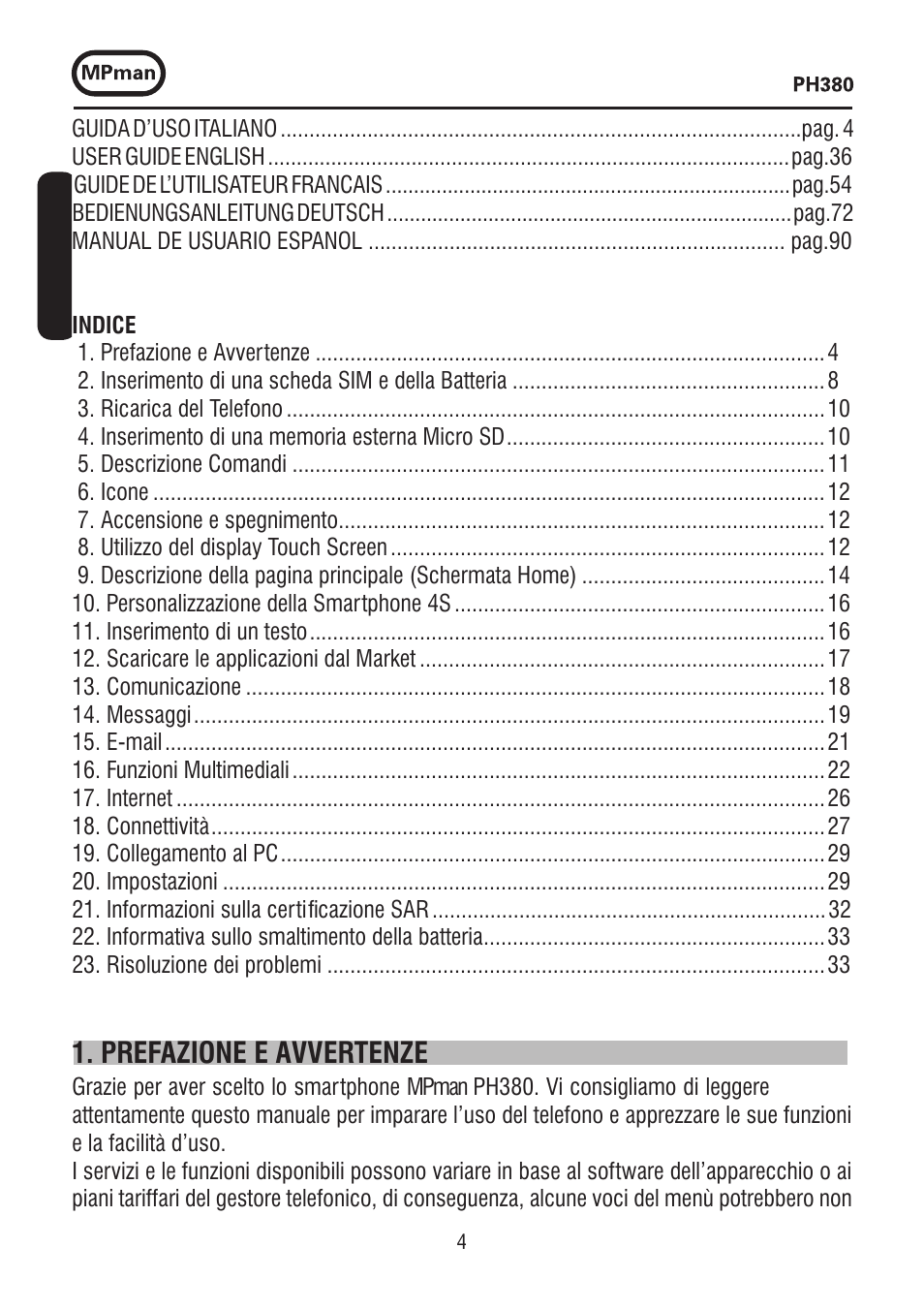 Prefazione e avvertenze | Mpman PH380 User Manual | Page 4 / 108