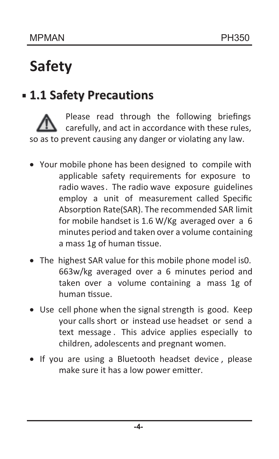 Safety | Mpman PH350 User Manual | Page 4 / 22