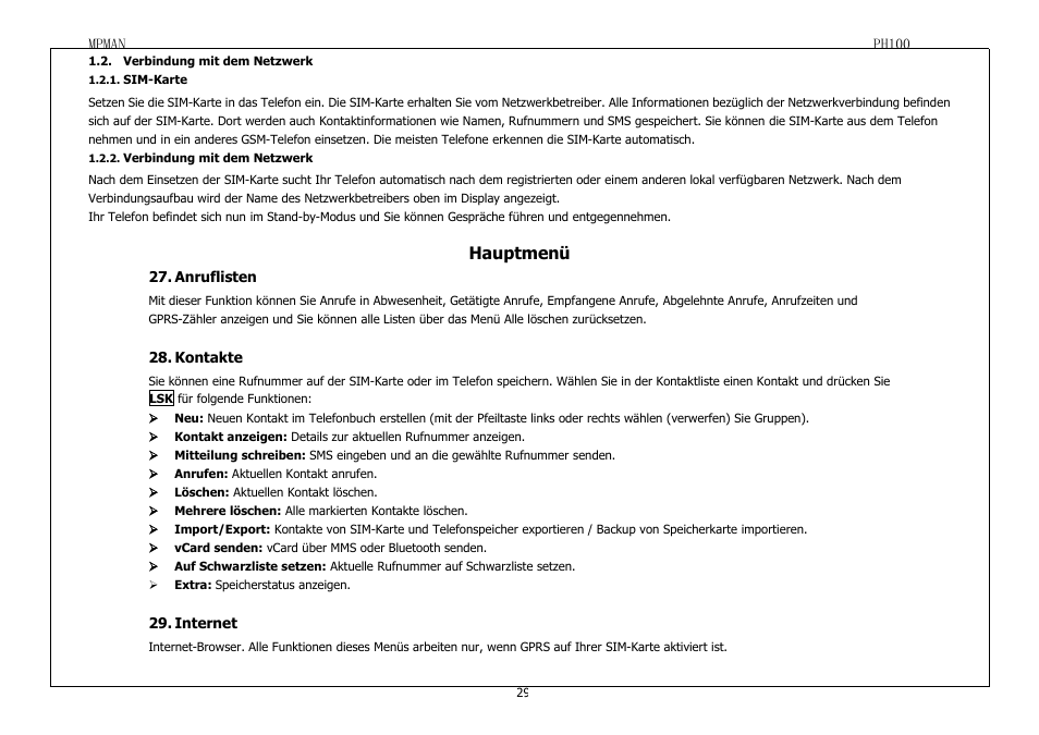Verbindungmitdemnetzwerk, Sim-karte, Anruflisten | Kontakte, Internet, Hauptmenü | Mpman PH100 User Manual | Page 29 / 60
