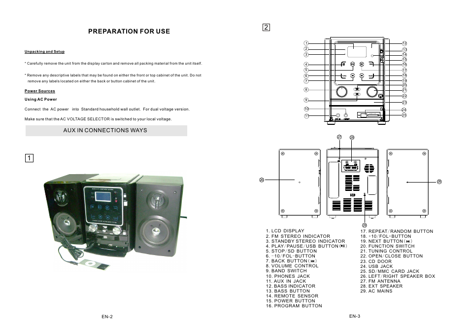 页面 2, Preparation for use, Po we r | Po we r ba ss ba ss, Aux in connections ways | Mpman XRM15 User Manual | Page 2 / 7