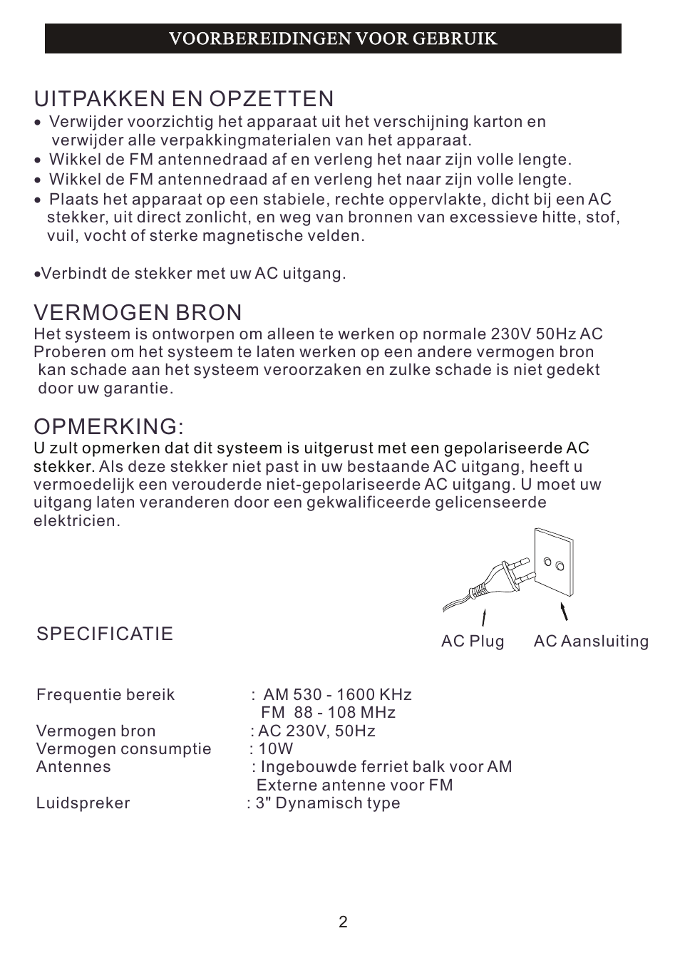 Uitpakken en opzetten, Vermogen bron, Opmerking | Mpman RPV100 User Manual | Page 7 / 30