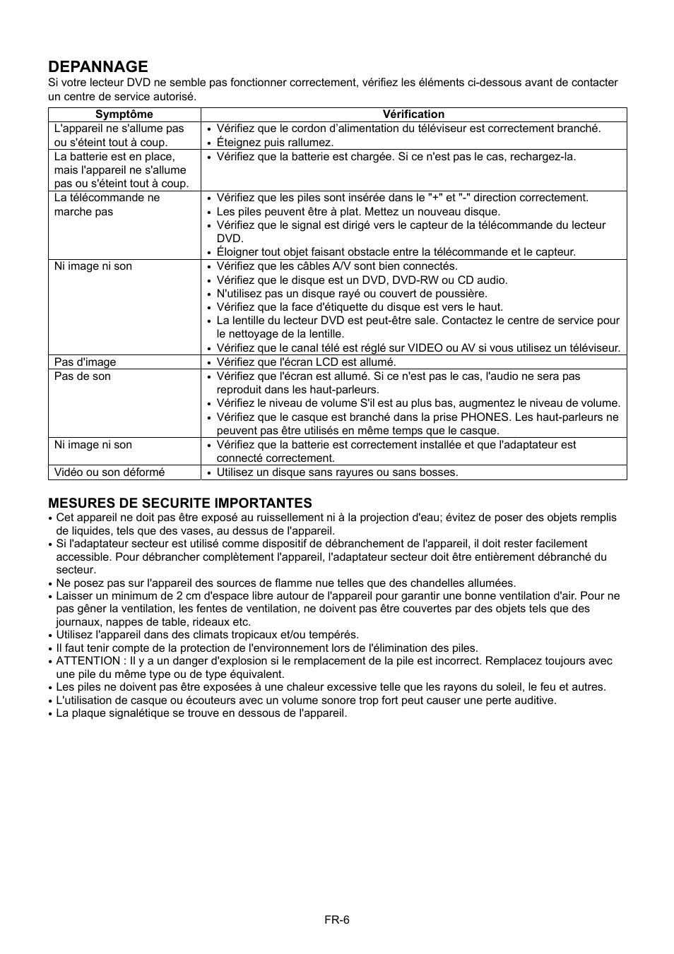 Depannage, Mesures de securite importantes | Mpman PDVS7013 User Manual | Page 15 / 48