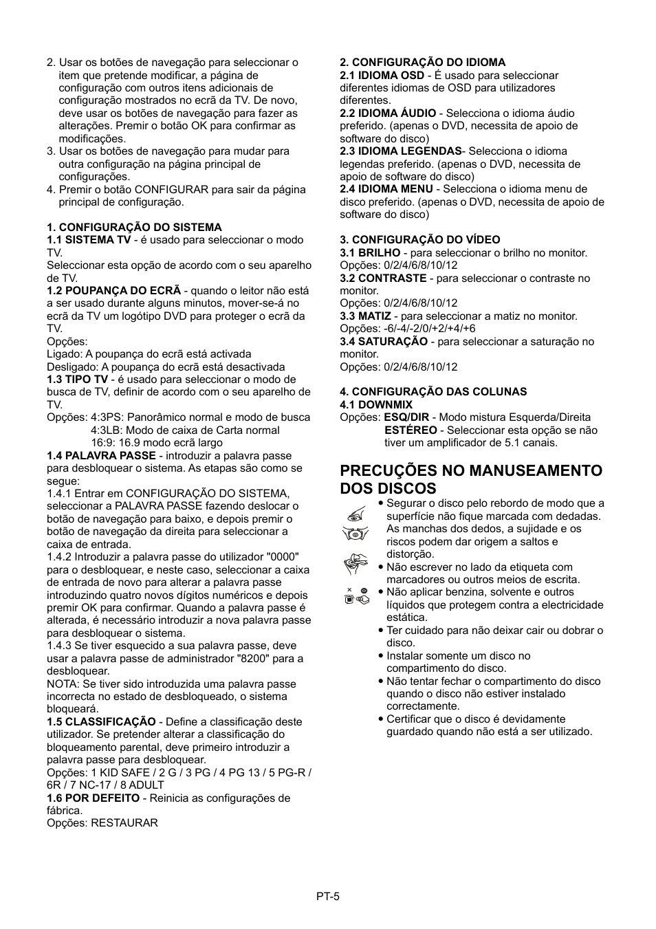 Precuções no manuseamento dos discos | Mpman PDVS7013 User Manual | Page 46 / 48