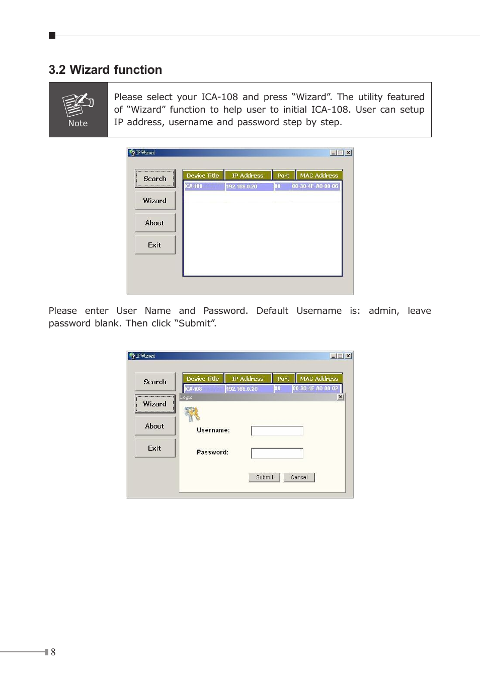 2 wizard function | PLANET ICA-108 User Manual | Page 8 / 16