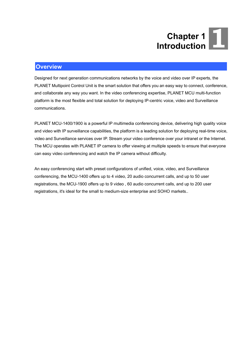 Chapter 1, Introduction, Overview | PLANET MCU-1400 User Manual | Page 5 / 27