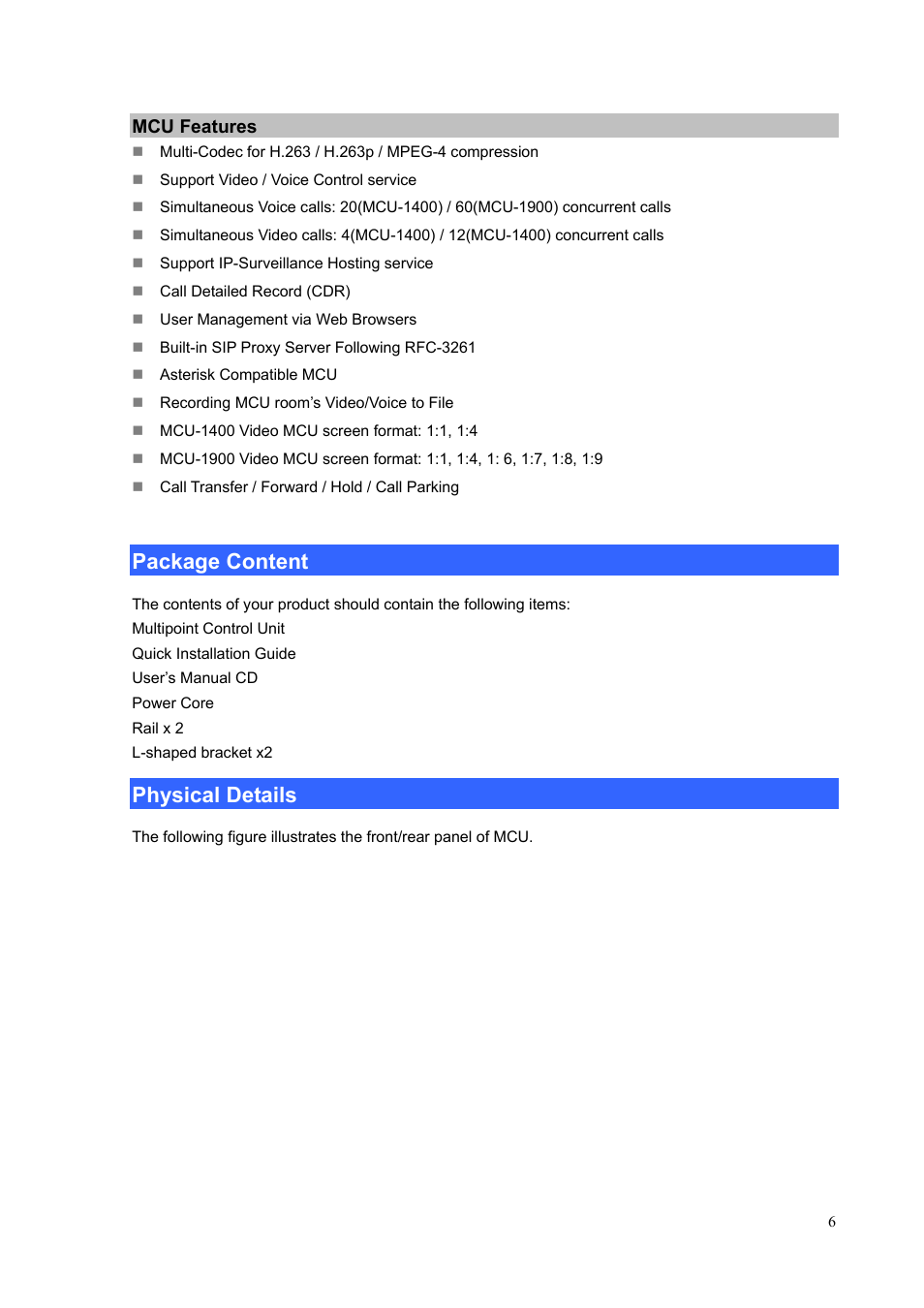 Package content, Physical details, Package content physical details | PLANET MCU-1400 User Manual | Page 6 / 27