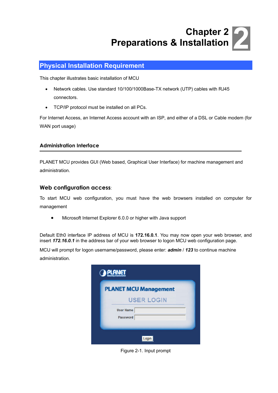 Chapter 2 preparations & installation, Physical installation requirement | PLANET MCU-1400 User Manual | Page 9 / 27