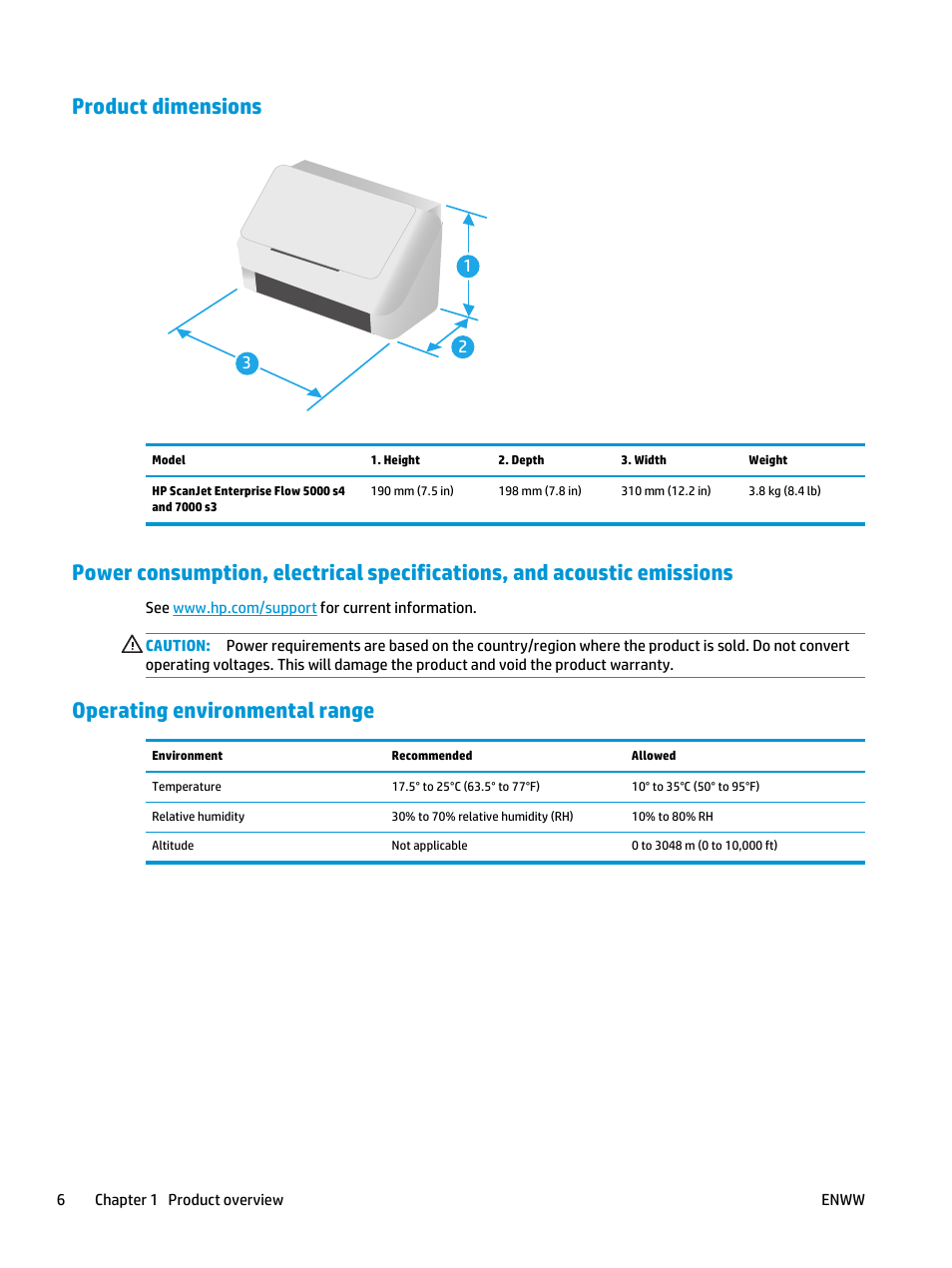 Product dimensions, Operating environmental range | HP ScanJet Enterprise Flow 5000 s4 User Manual | Page 14 / 72