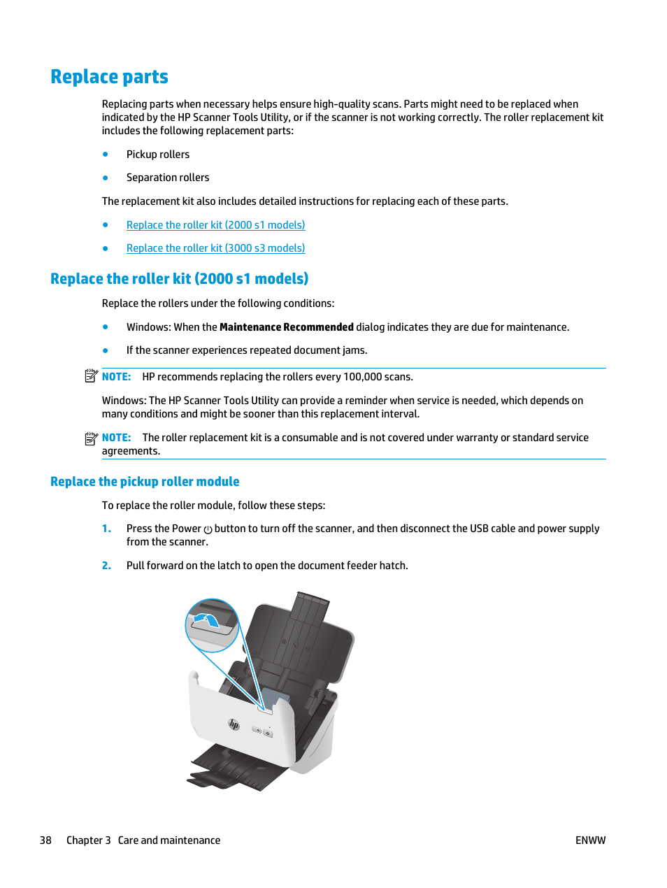Replace parts, Replace the roller kit (2000 s1 models), Replace the pickup roller module | HP ScanJet Pro 2000 s1 User Manual | Page 46 / 70