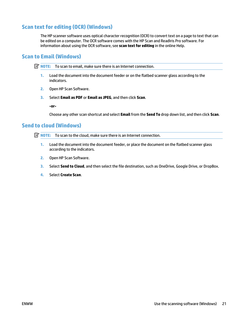 Scan text for editing (ocr) (windows), Scan to email (windows), Send to cloud (windows) | HP ScanJet Pro 4500 fn1 User Manual | Page 29 / 64