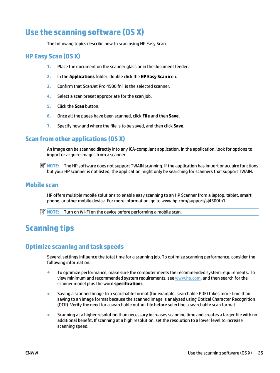 Use the scanning software (os x), Hp easy scan (os x), Scan from other applications (os x) | Mobile scan, Scanning tips, Optimize scanning and task speeds | HP ScanJet Pro 4500 fn1 User Manual | Page 33 / 64