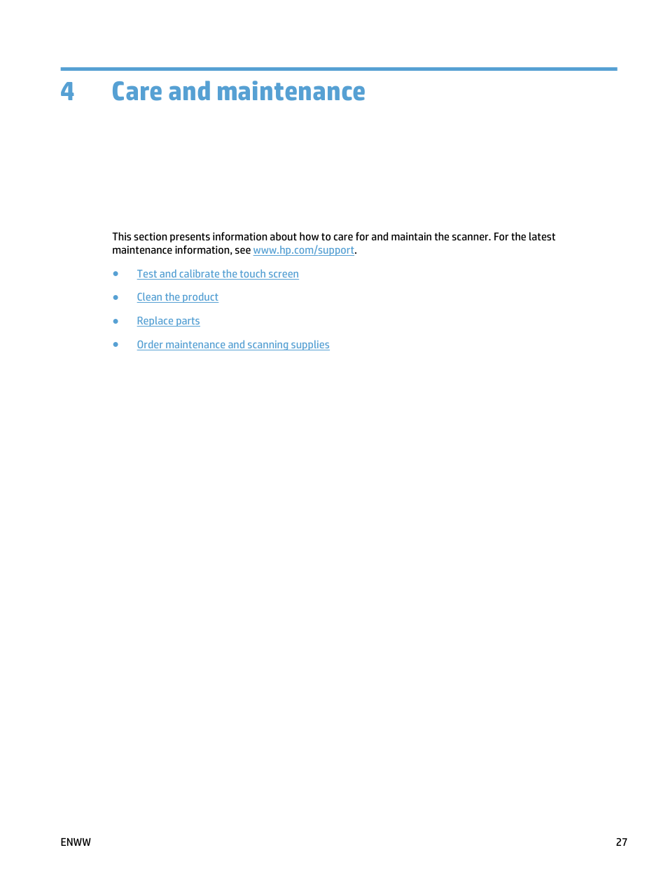 Care and maintenance, 4 care and maintenance, 4care and maintenance | HP ScanJet Pro 4500 fn1 User Manual | Page 35 / 64