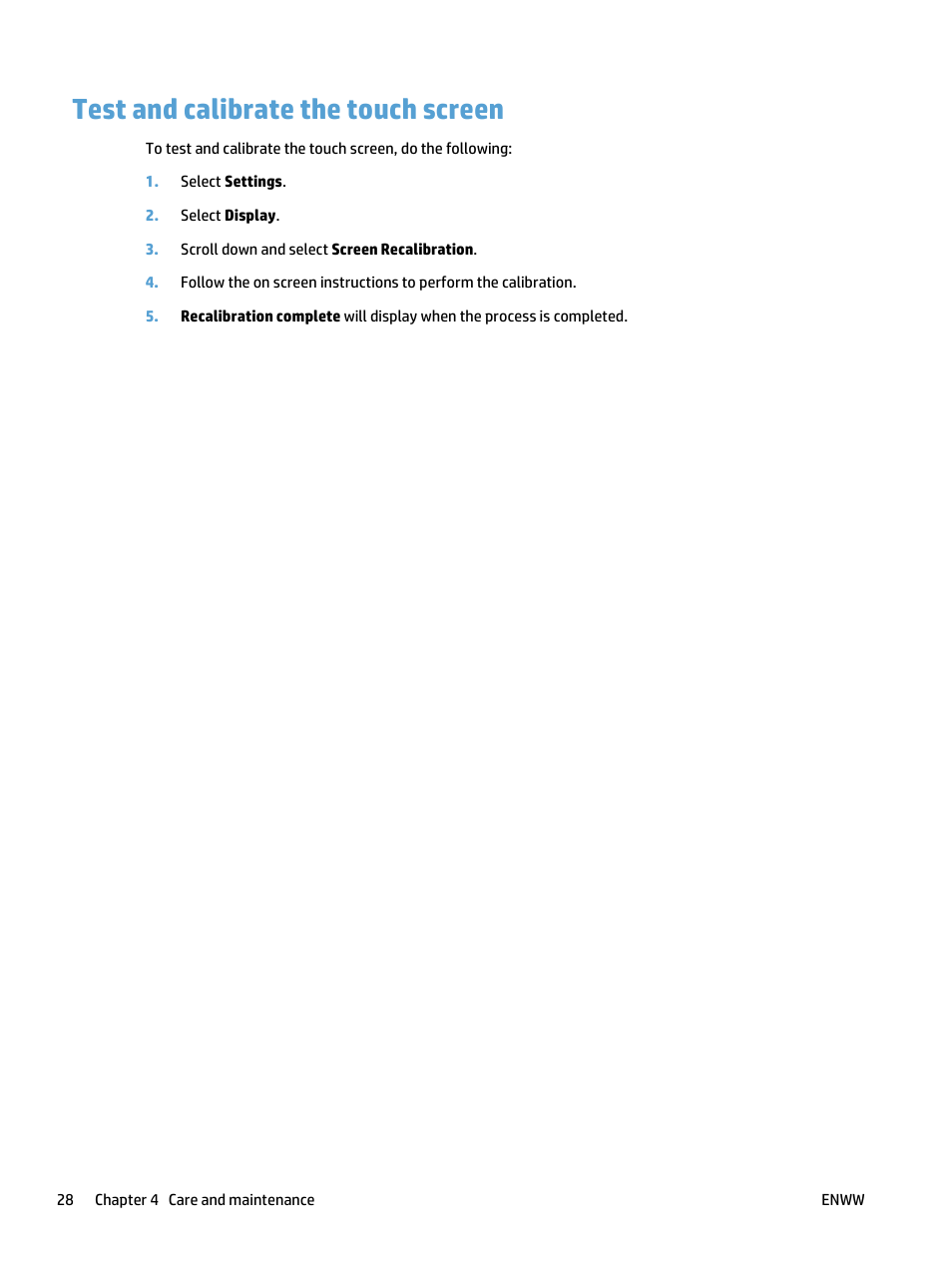 Test and calibrate the touch screen | HP ScanJet Pro 4500 fn1 User Manual | Page 36 / 64