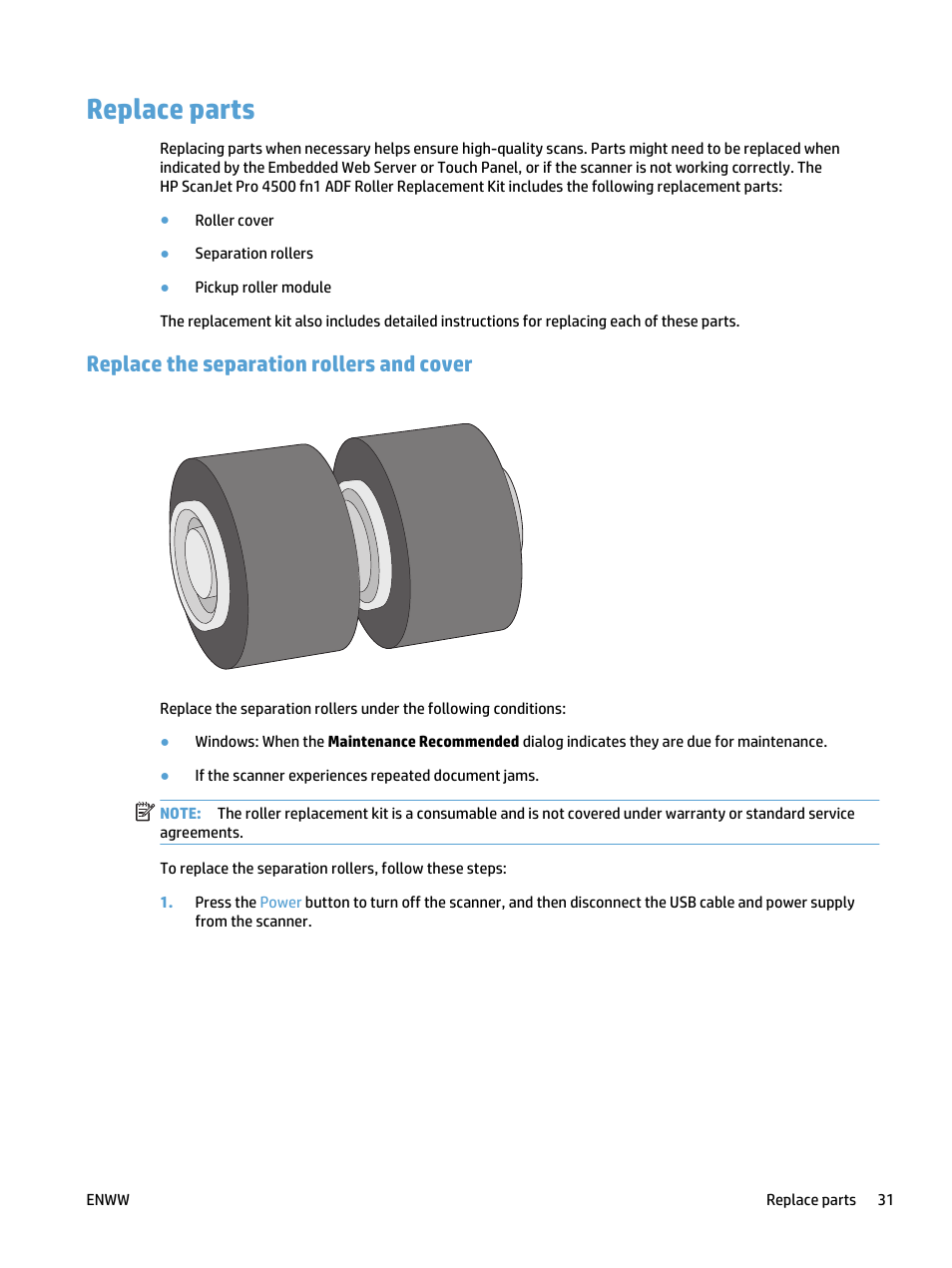 Replace parts, Replace the separation rollers and cover | HP ScanJet Pro 4500 fn1 User Manual | Page 39 / 64