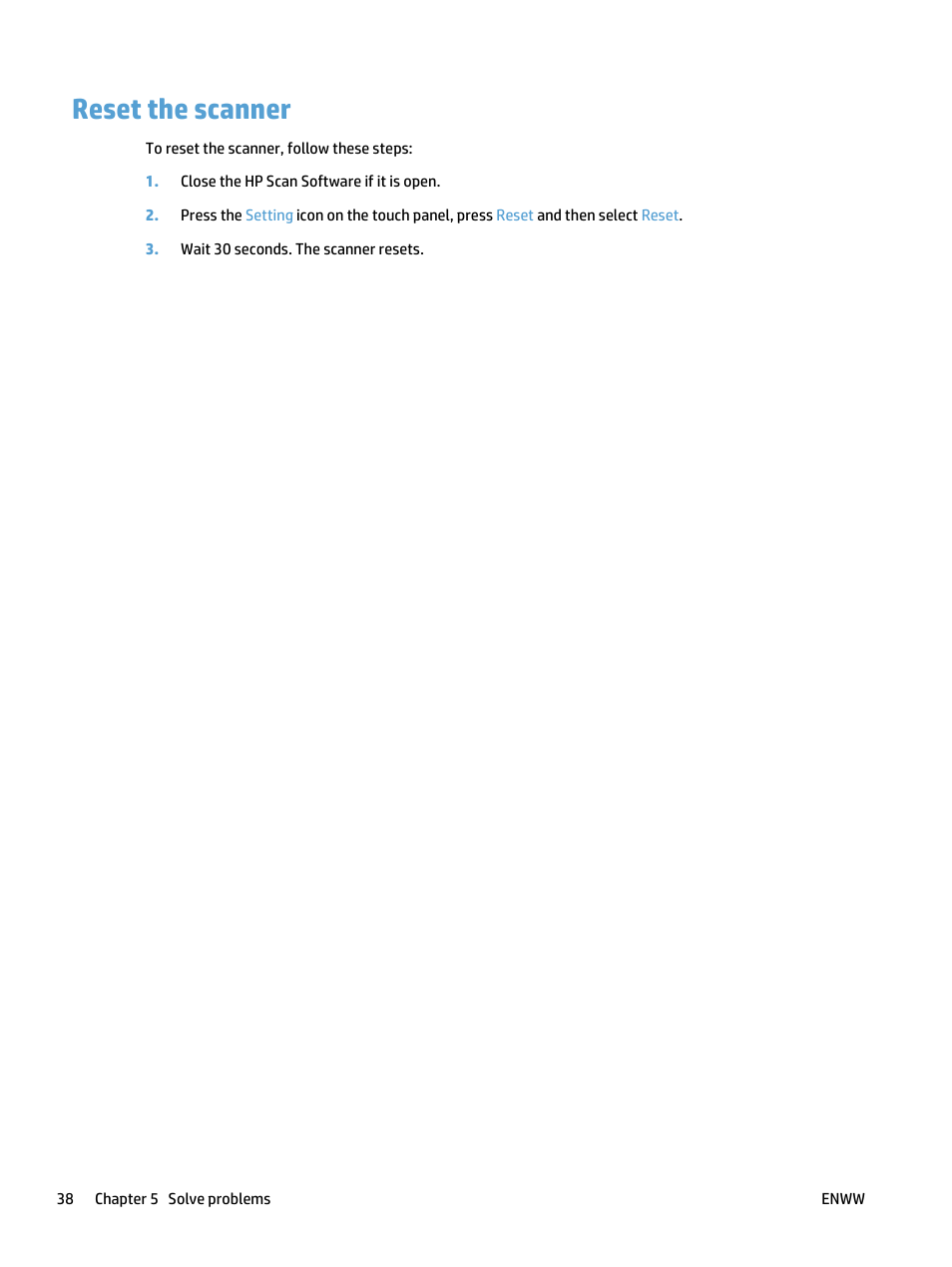 Reset the scanner | HP ScanJet Pro 4500 fn1 User Manual | Page 46 / 64