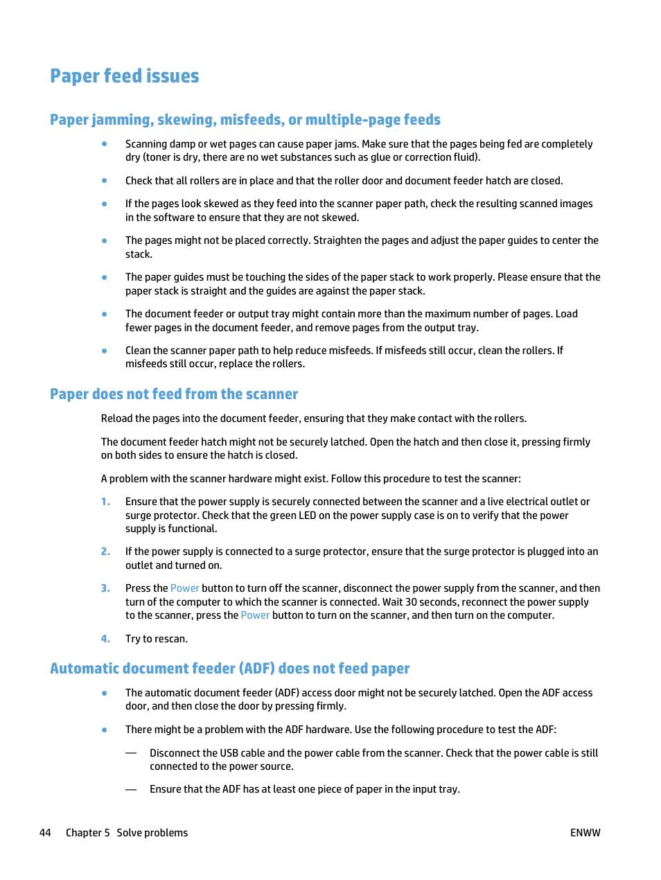Paper feed issues, Paper does not feed from the scanner | HP ScanJet Pro 4500 fn1 User Manual | Page 52 / 64