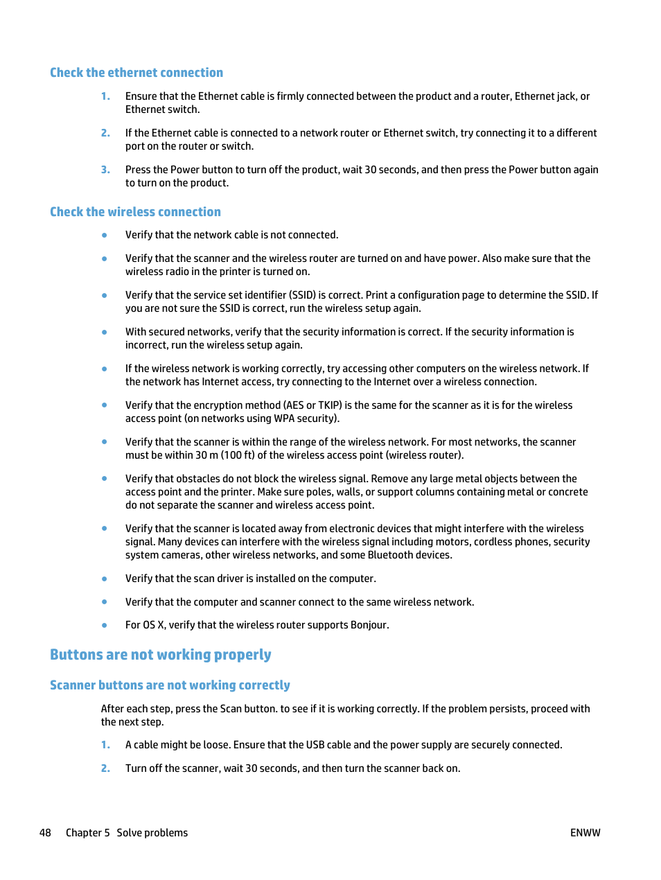 Check the ethernet connection, Check the wireless connection, Buttons are not working properly | Scanner buttons are not working correctly | HP ScanJet Pro 4500 fn1 User Manual | Page 56 / 64