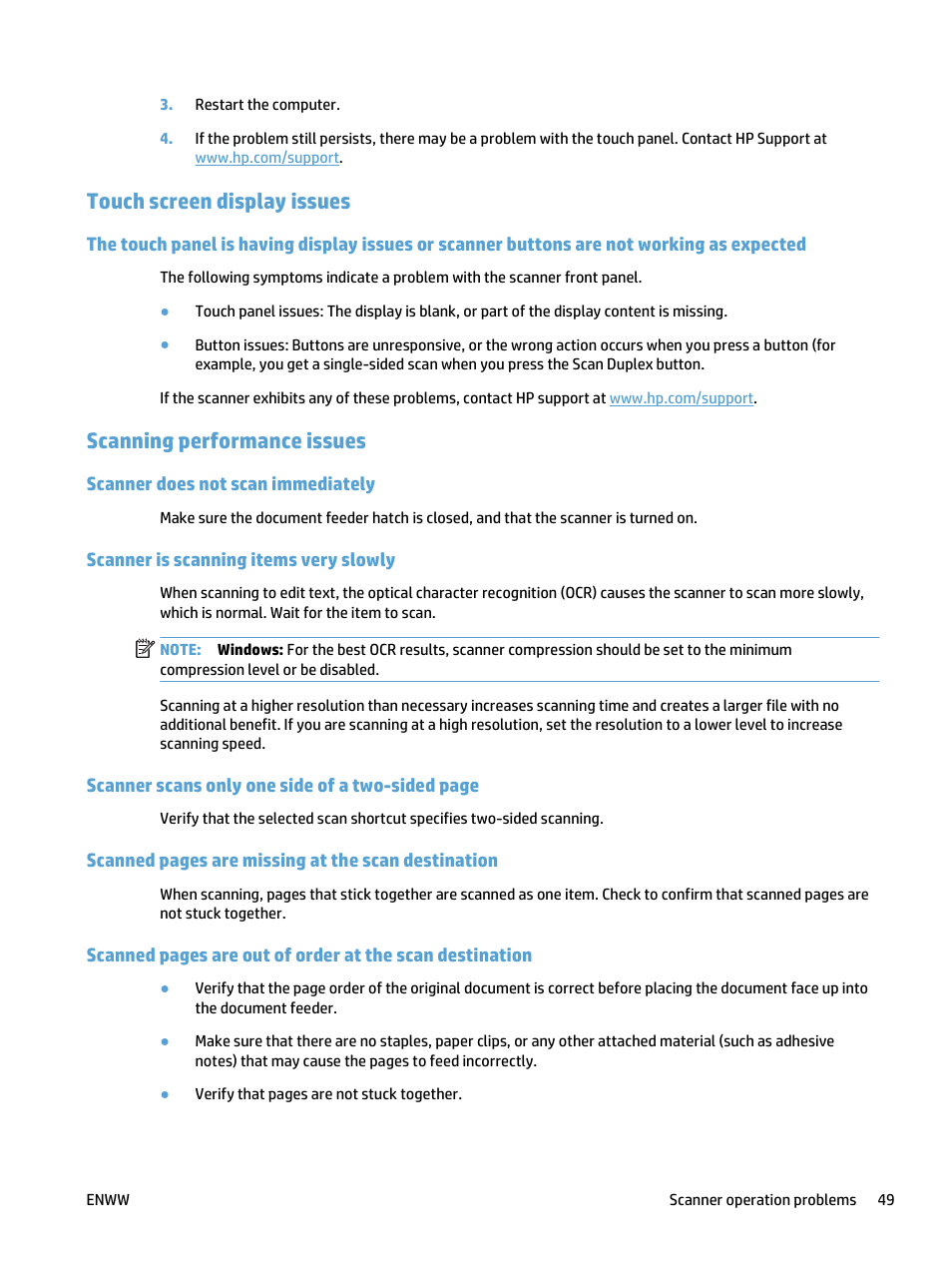 Touch screen display issues, Scanning performance issues, Scanner does not scan immediately | Scanner is scanning items very slowly | HP ScanJet Pro 4500 fn1 User Manual | Page 57 / 64