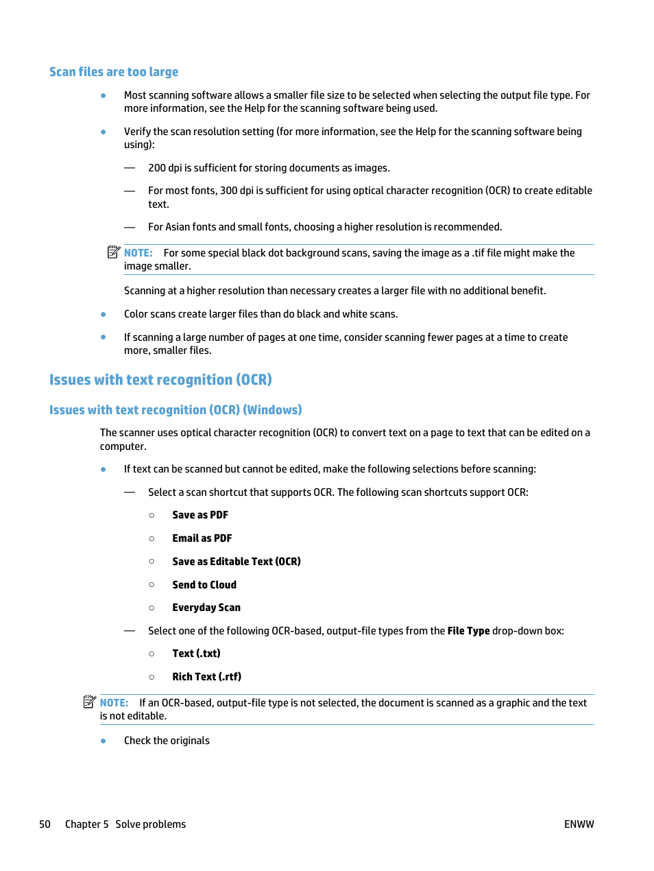 Scan files are too large, Issues with text recognition (ocr), Issues with text recognition (ocr) (windows) | HP ScanJet Pro 4500 fn1 User Manual | Page 58 / 64