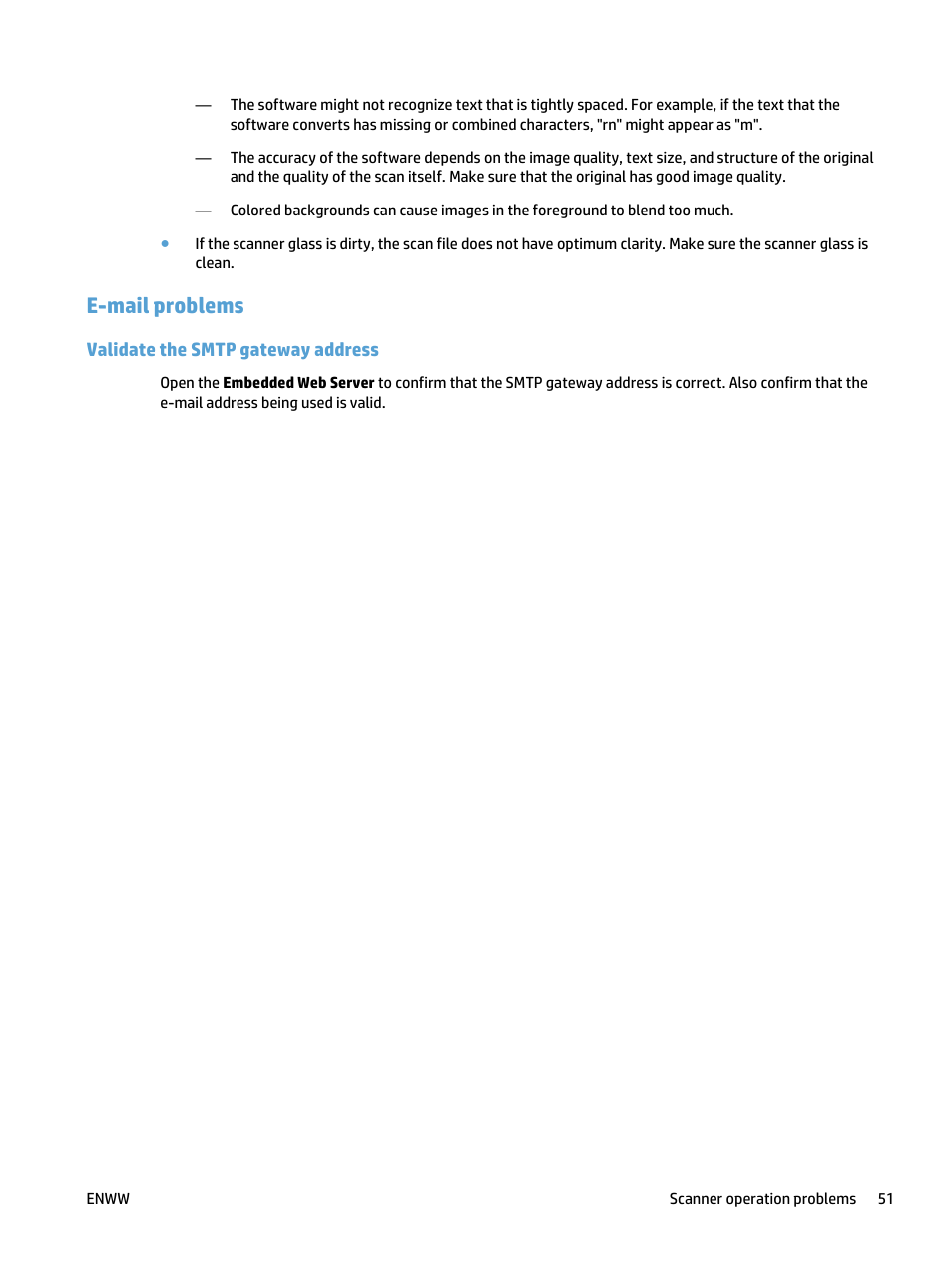 E-mail problems, Validate the smtp gateway address | HP ScanJet Pro 4500 fn1 User Manual | Page 59 / 64