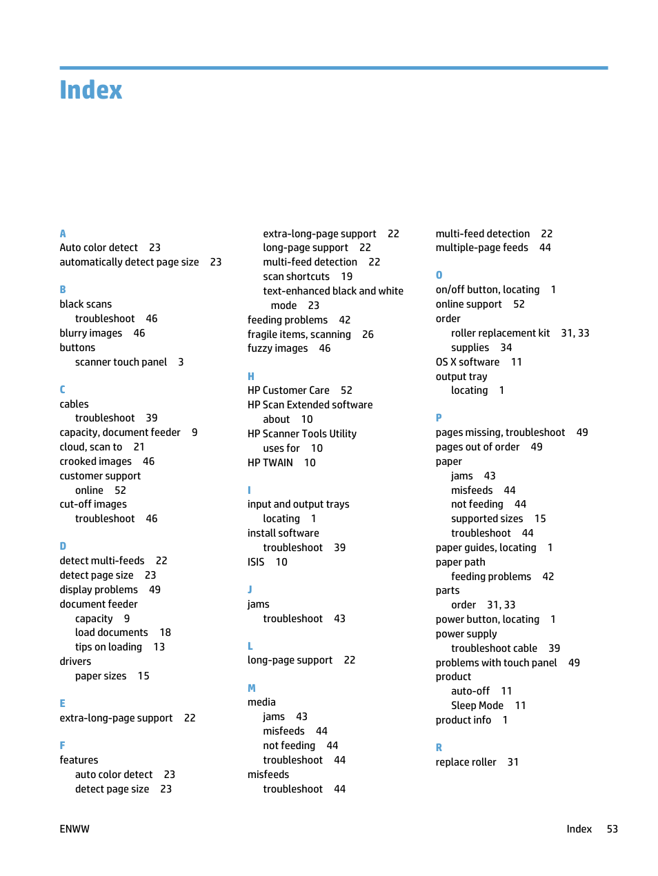 Index | HP ScanJet Pro 4500 fn1 User Manual | Page 61 / 64