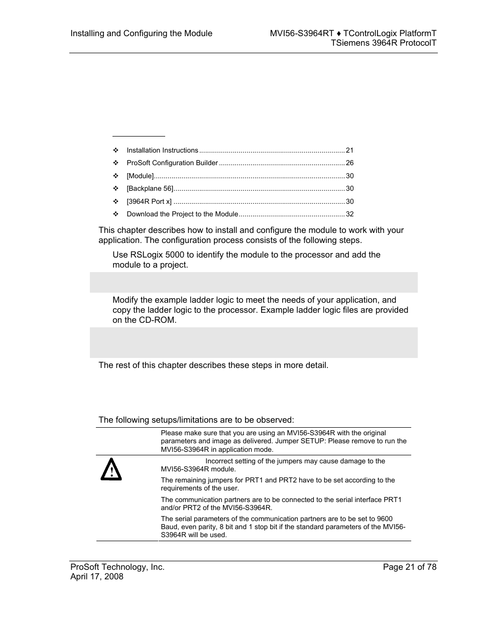 Installing and configuring the module, Installation instructions, 2installing and configuring the module | ProSoft Technology MVI56-S3964R User Manual | Page 21 / 78