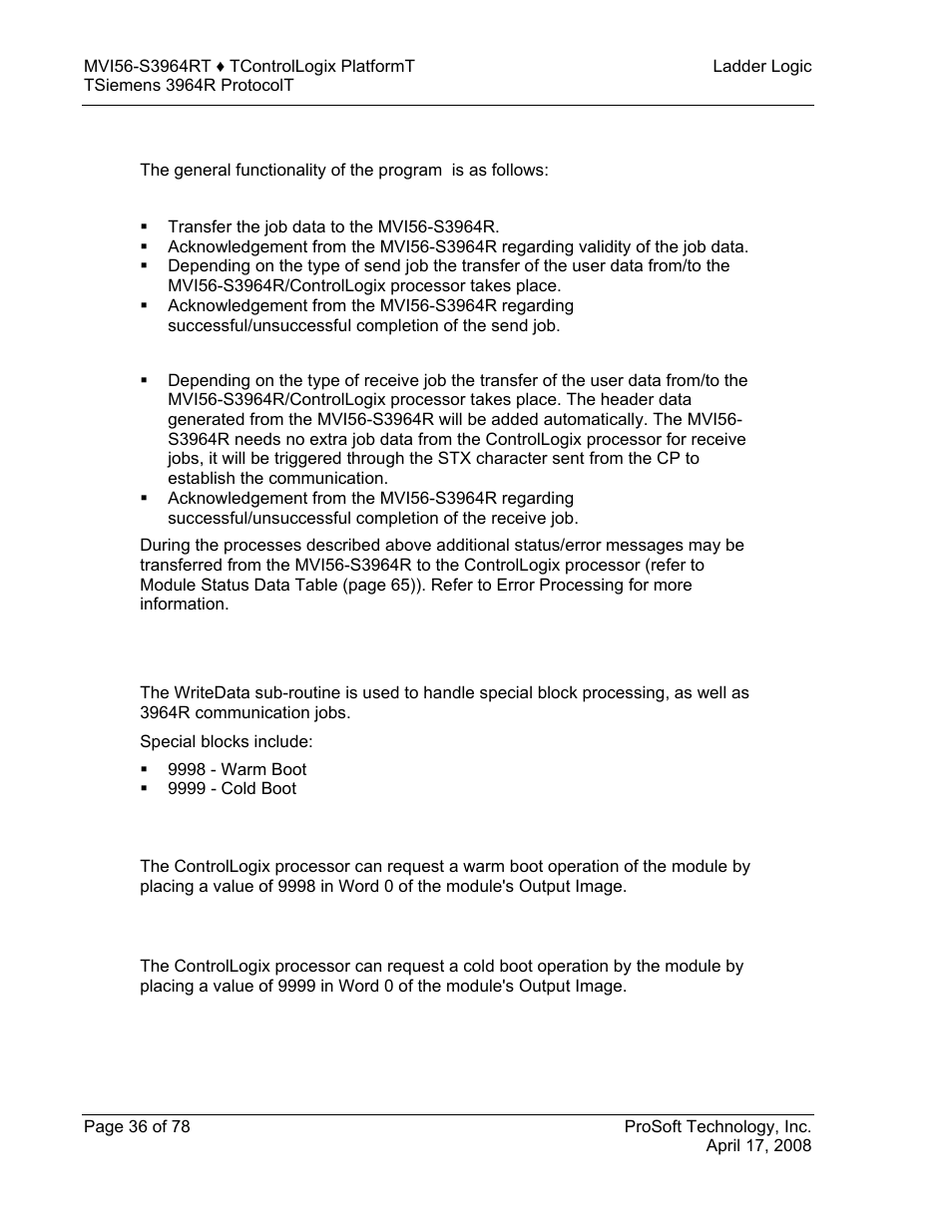 The 3964r communication program, Commands, 9998 warm boot | 9999 cold boot | ProSoft Technology MVI56-S3964R User Manual | Page 36 / 78