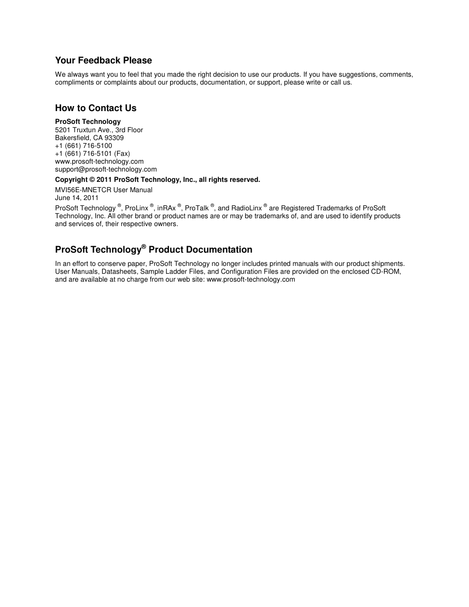 Your feedback please, How to contact us, Prosoft technology | Product documentation | ProSoft Technology MVI56E-MNETCR User Manual | Page 2 / 159