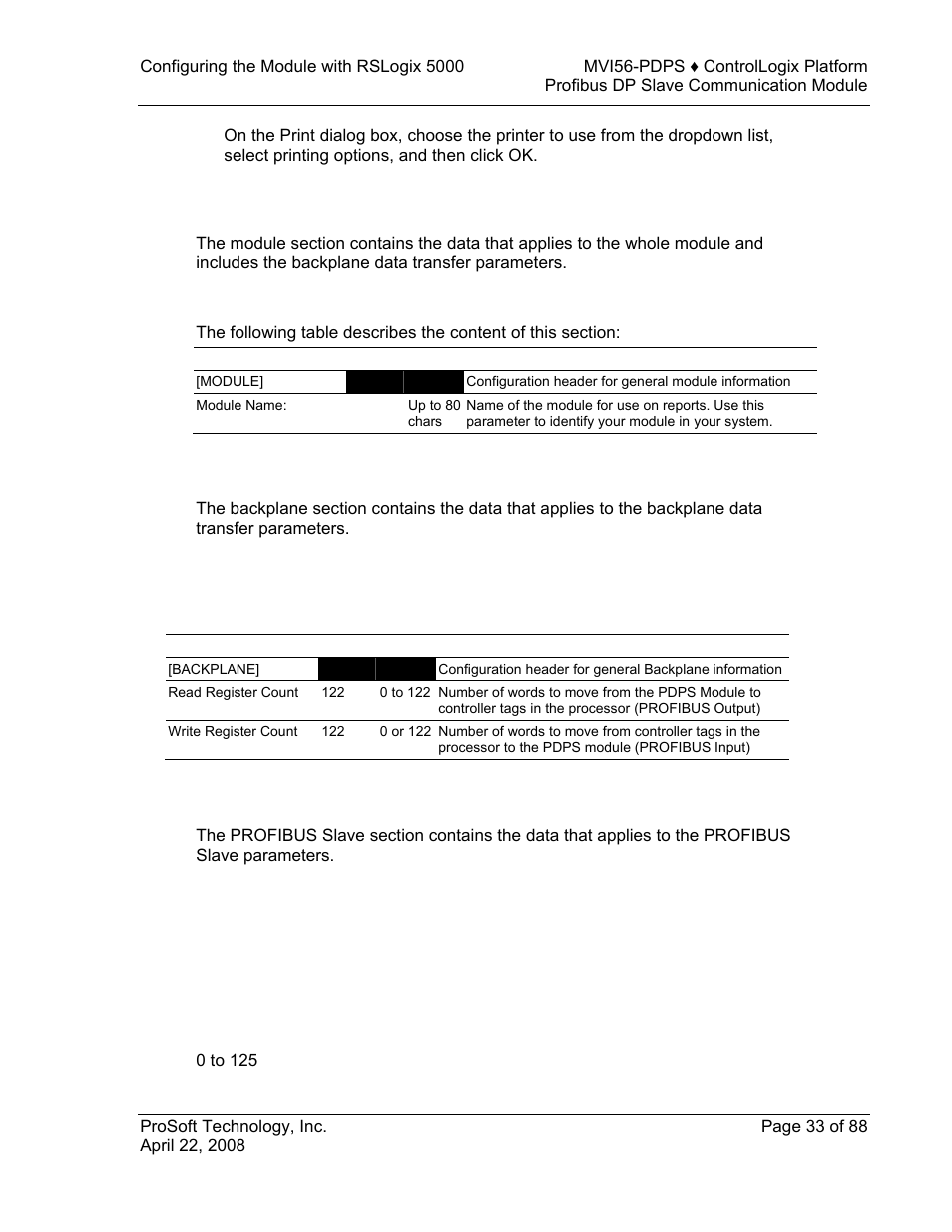 Module, Backplane, Profibus slave | Slave address | ProSoft Technology MVI56-PDPS User Manual | Page 33 / 88
