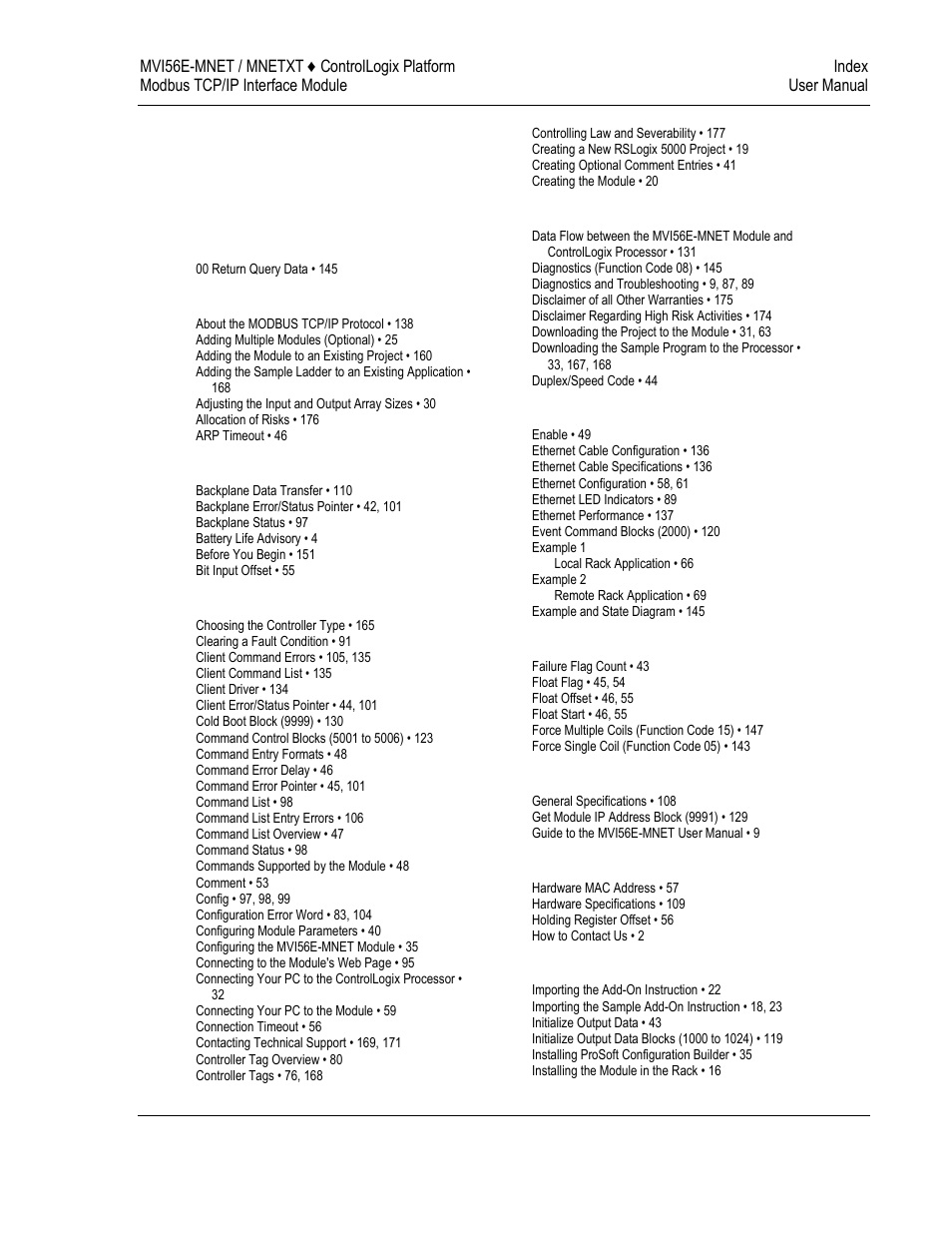 Index | ProSoft Technology MVI56E-MNET/MNETXT User Manual | Page 179 / 181