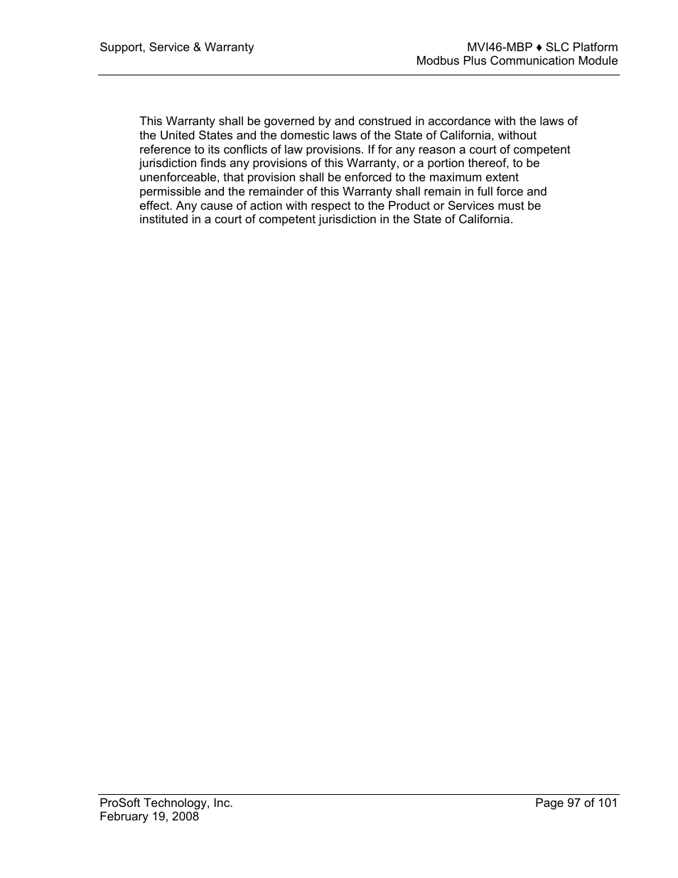 Controlling law and severability | ProSoft Technology MVI46-MBP User Manual | Page 97 / 101