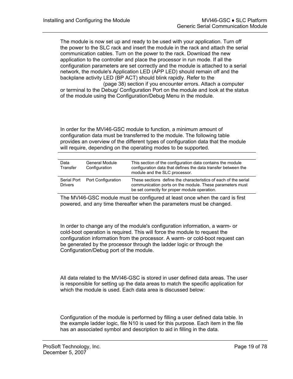 Module configuration, Module data, Configuration data | Module, Configuration, Data | ProSoft Technology MVI46-GSC User Manual | Page 19 / 78