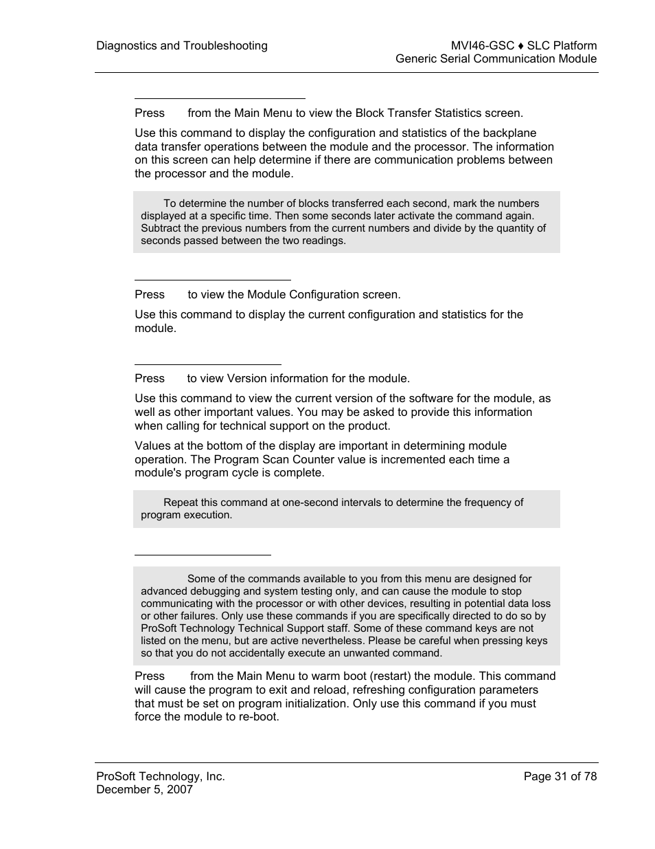 Viewing block transfer statistics, Viewing module configuration, Viewing version information | Warm booting the module | ProSoft Technology MVI46-GSC User Manual | Page 31 / 78
