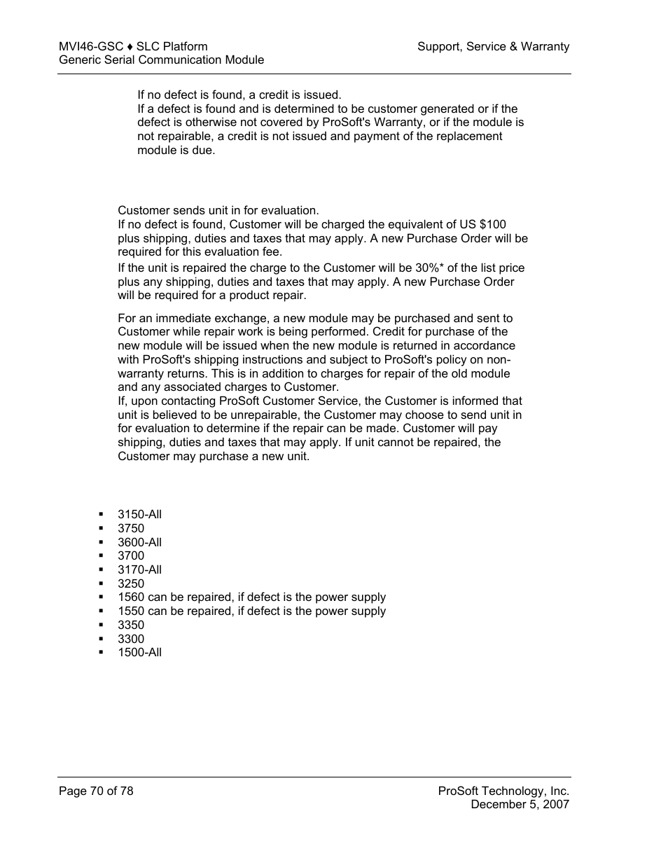 Procedures for return of units out of warranty, Un-repairable units | ProSoft Technology MVI46-GSC User Manual | Page 70 / 78
