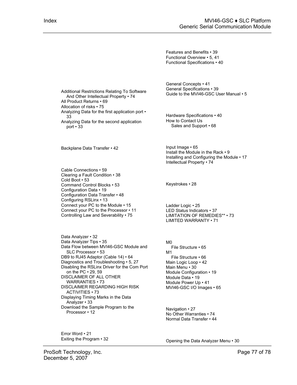 Index | ProSoft Technology MVI46-GSC User Manual | Page 77 / 78
