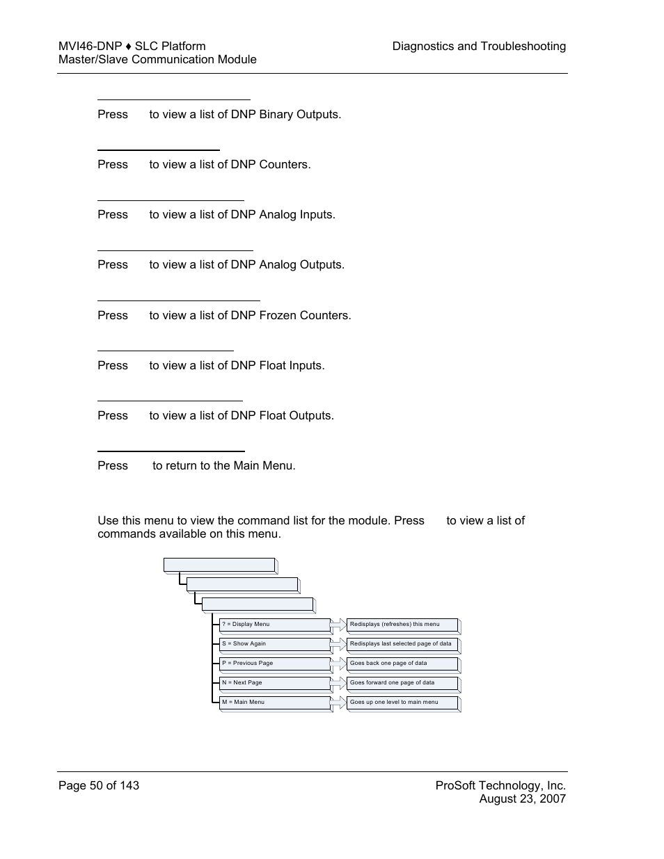 Viewing dnp binary outputs, Viewing dnp counters, Viewing dnp analog inputs | Viewing dnp analog outputs, Viewing dnp frozen counters, Viewing dnp float inputs, Viewing dnp float outputs, Returning to the main menu, Master command list menu, 8 master command list menu | ProSoft Technology MVI46-DNP User Manual | Page 50 / 143