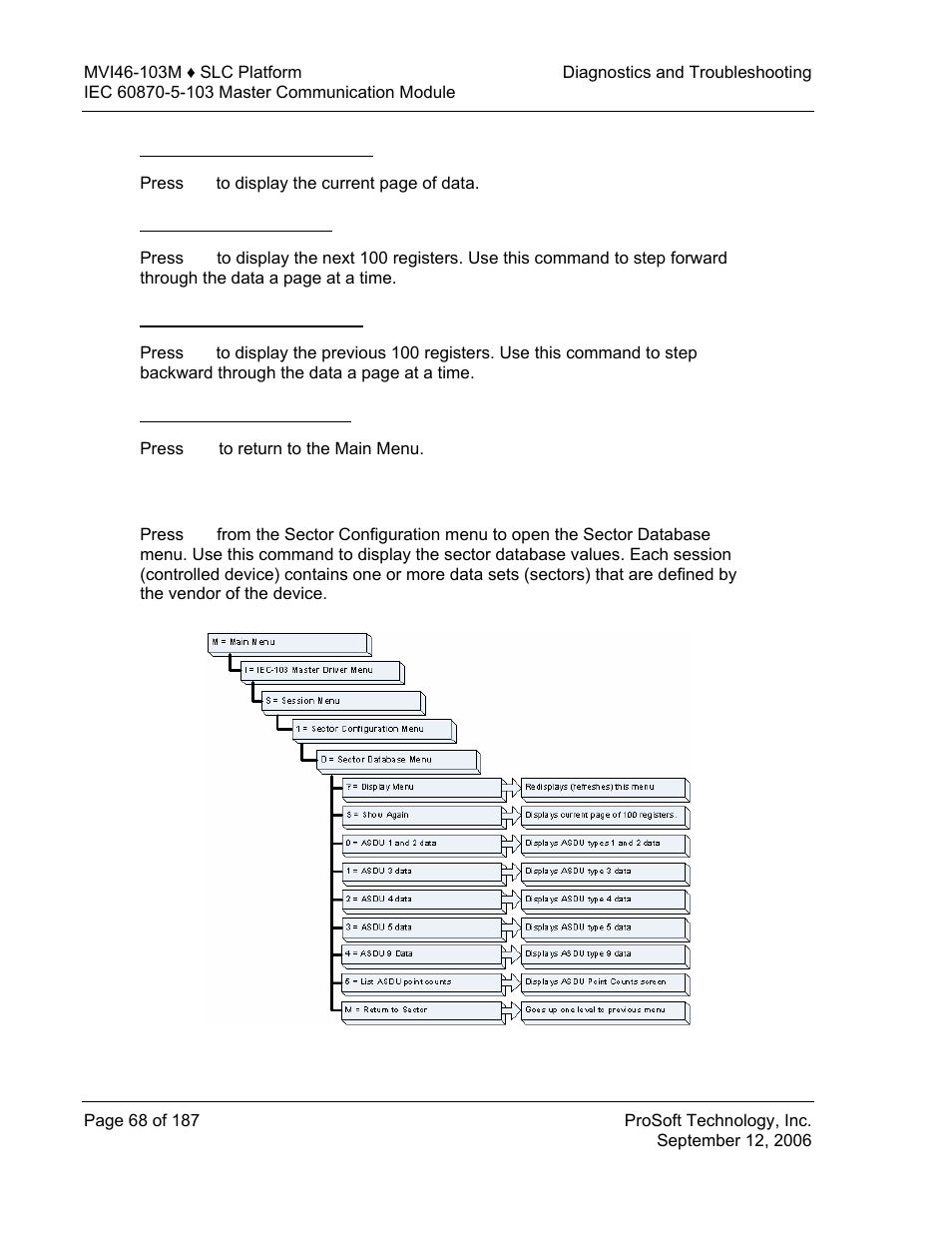 Returning to the main menu, Sector database menu | ProSoft Technology MVI46-103M User Manual | Page 68 / 187